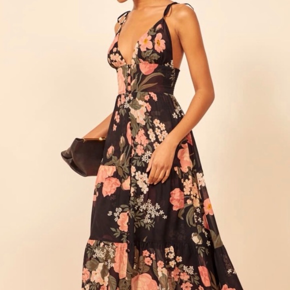 Reformation Black Floral Midi Dress - Picture 3 of 7